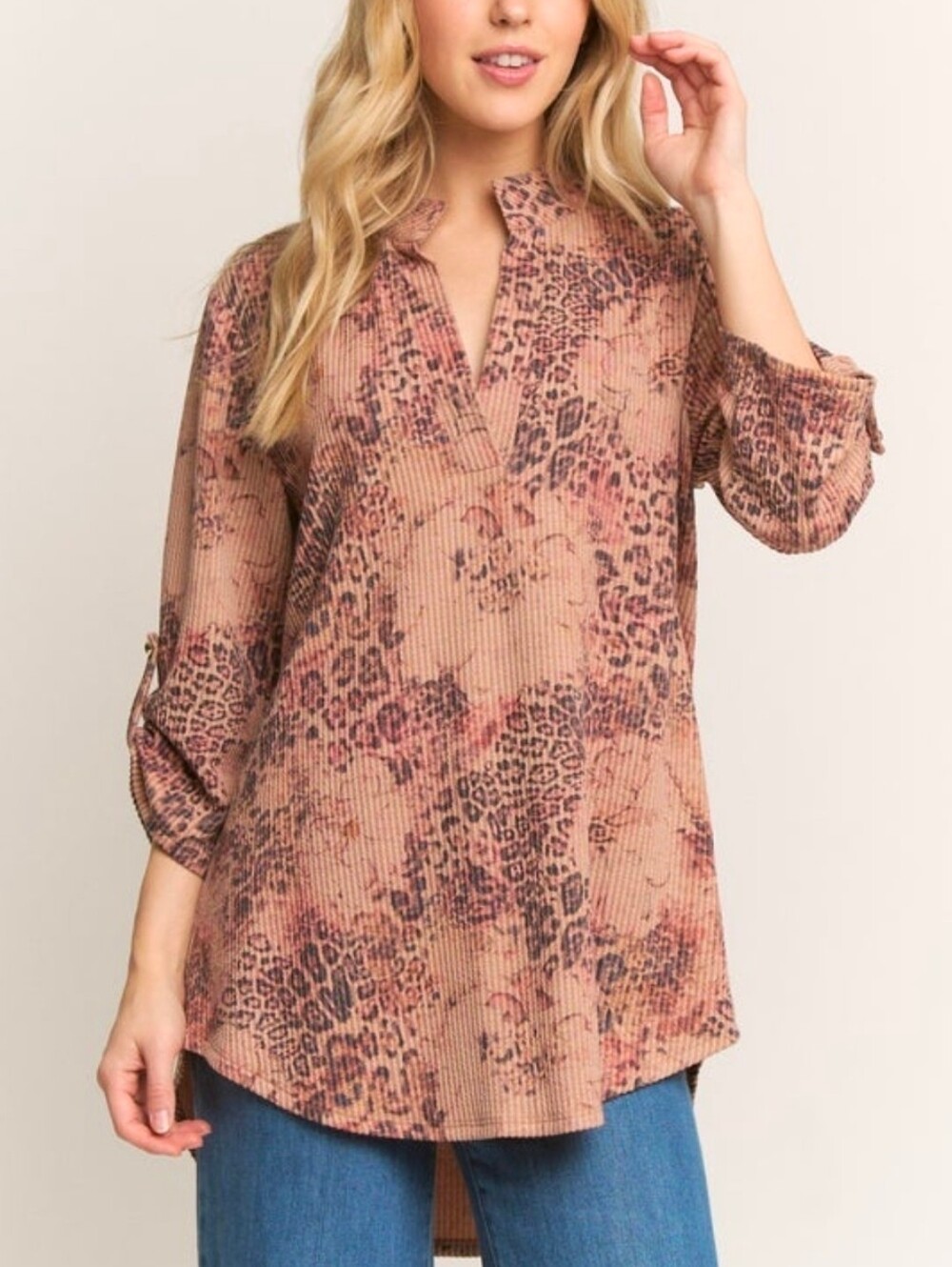 Women's Heimish Leopard & Floral 3/4 Sleeve Plus Size Top~2XL